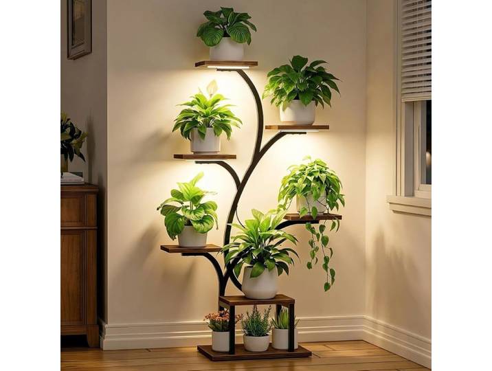 Étagère à plantes 7 niveaux en métal forme arbre - Support d'angle intérieur avec lampe de croissance LED intégrée pour maison