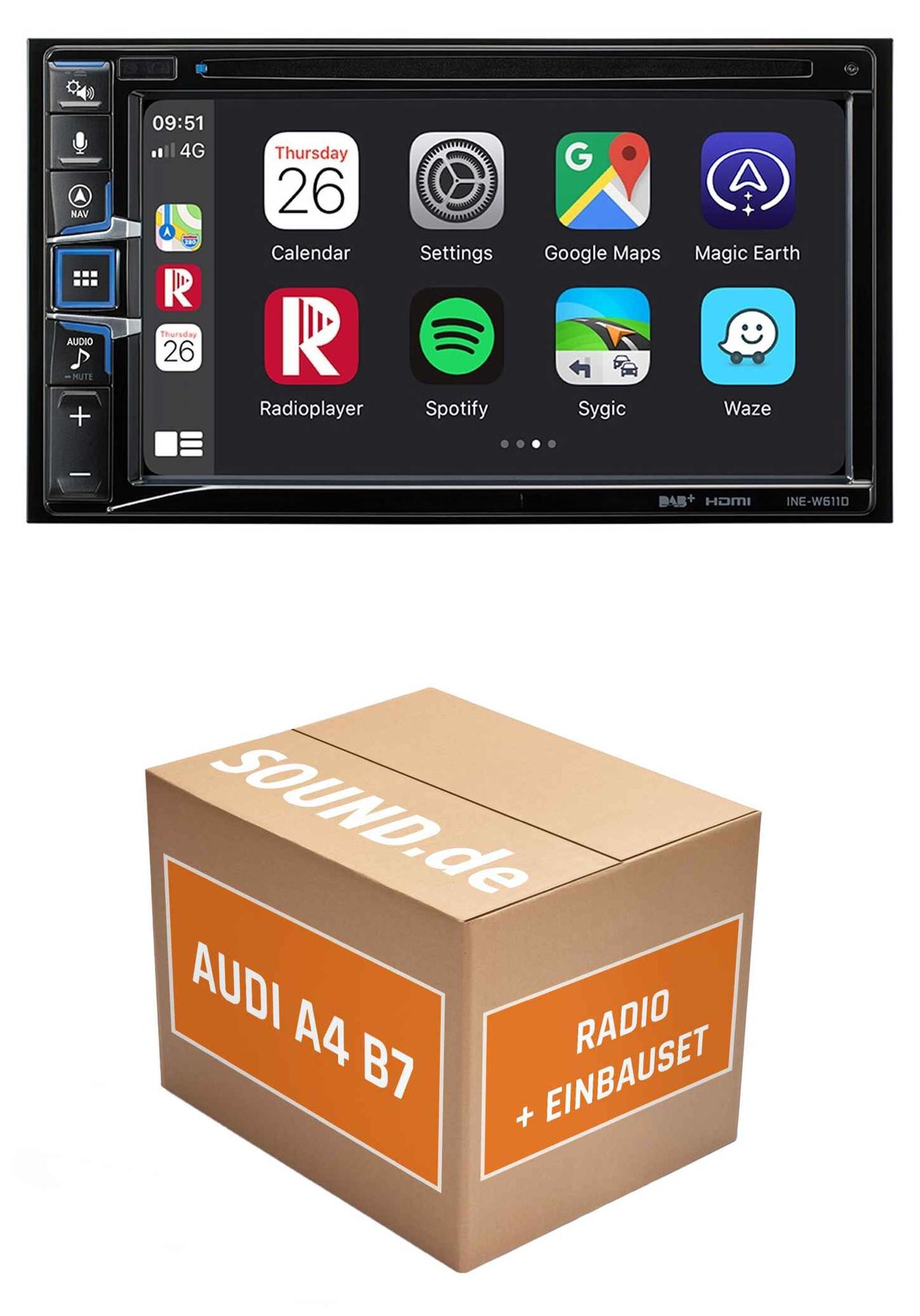 Autoradio Einbaupaket Alpine INE passend für Audi A4 B7 (Typ 8E) 2004-2008 | Navigationssystem CD-/DVD-Laufwerk