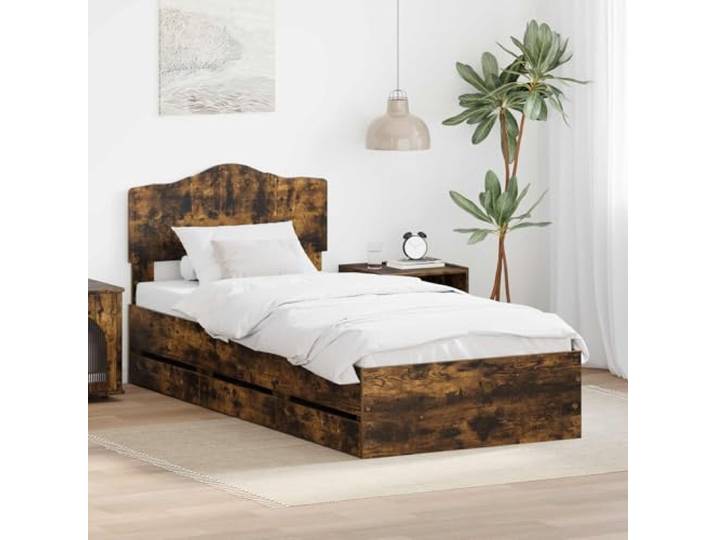 RJPLMFV Bettgestell, Eiche Rauch, 100 x 200 cm Holzwerkstoff, versteckte Schubladen, großes Kopfteil, einfache Montage