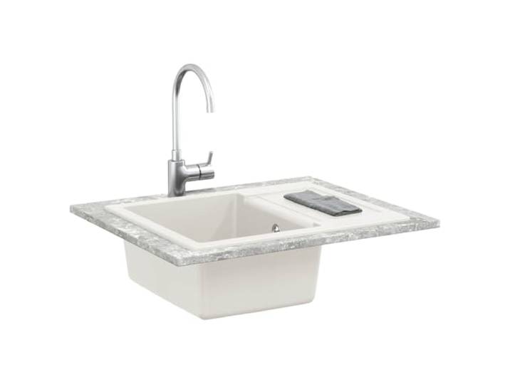 Küchenspüle Weiß 620x500mm Granit 80% Quarz und 20% Harz Einkammerspüle, Arbeitsplatteneinbaumontage, beständig bis 280°C,Ablauf mit Korbsieb,Eckig