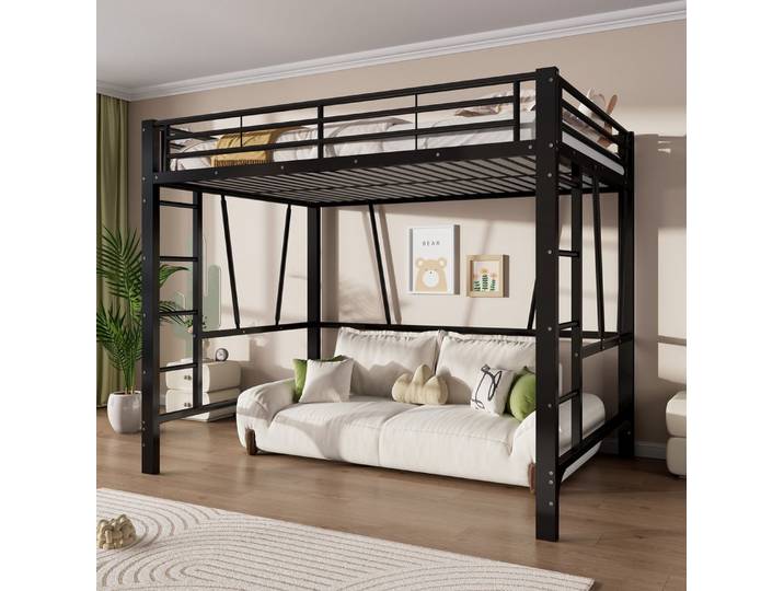 MODFU Hochbett Eisenbett mit offener Gestaltung unter dem Bett, Jugendbett (140x200 cm, Funktionsbett mit sicherer Doppelleiter, Metallbett) Inklusive Matratze