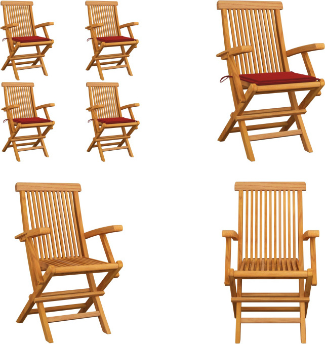 vidaXL Gartenstühle mit Roten Kissen 4 Stk. Massivholz Teak - Gartenstuhl - Gartenstühle - Gartenstuhl Holz - Gartenstuhl Massivholz