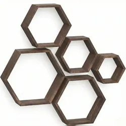 IvoQ Hexagon Wandregale 5er Set - FSC Holz - Rustikales Braun - Schwebende Wanddekoration