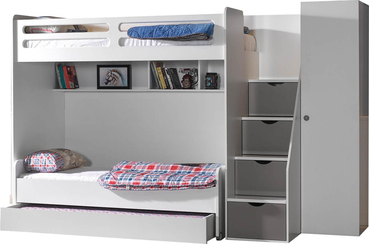 Etagenbett SMART mit Treppe und Bettkasten, 3 Farben : Grau mit Schrank Farbe: Grau Schrank: mit Schrank