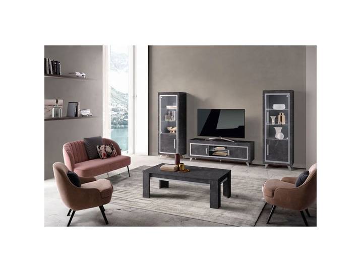 GUEDA - Ensemble Salon Complet Effet Marbre Anthracite Meuble TV et Vitrines avec Leds + Table Basse