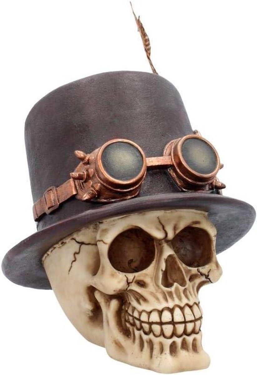 Steampunk Schedel Beeldje - Handgeschilderd Horror Figuur - Bruin - Hoogte: 18.5 cm