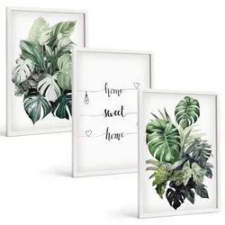 BILDER SET 3er Set - 40x60 cm Weißer Rahmen - Aquarell-Monstera-Blätter