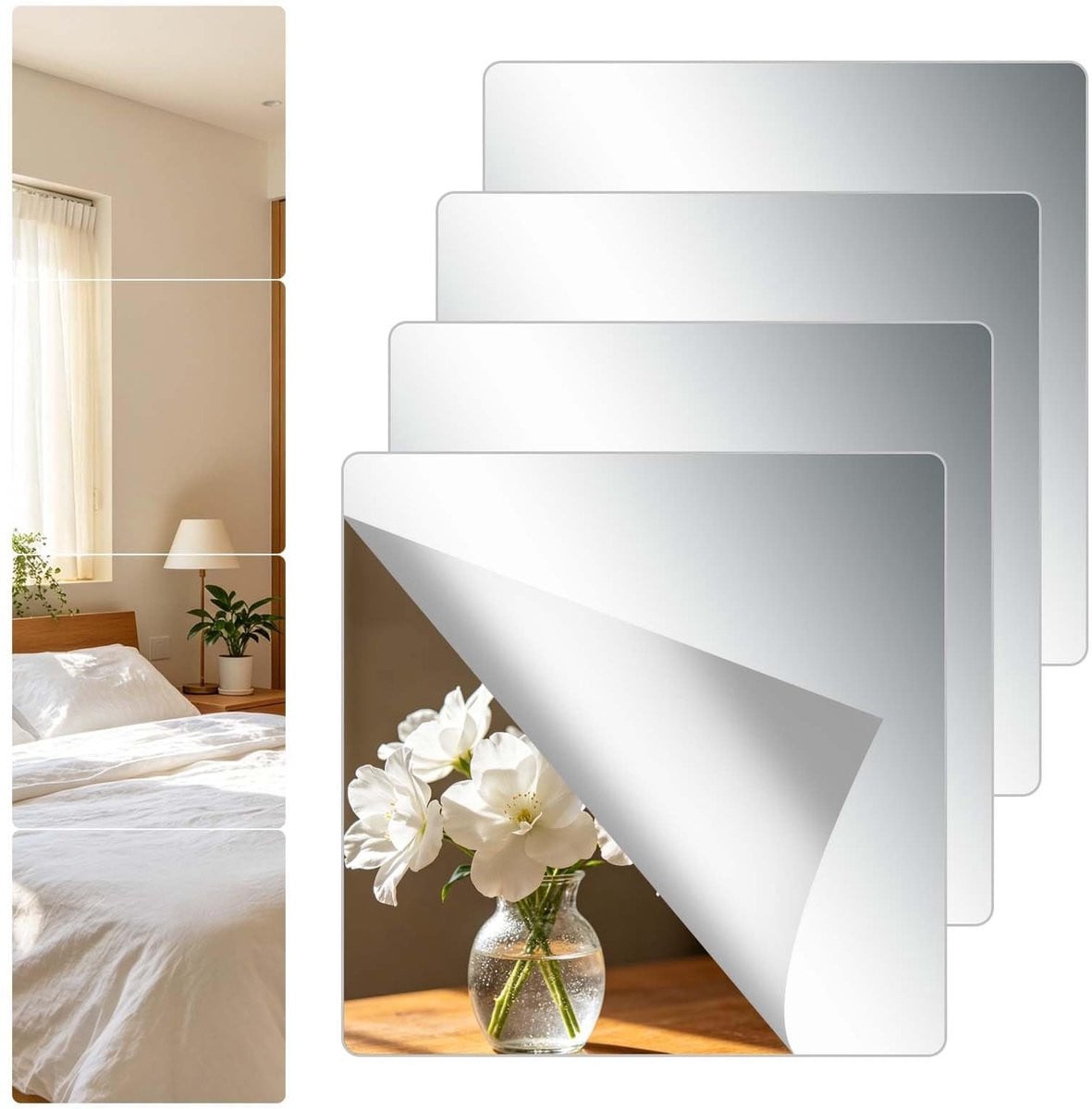 Merkloze set van 4 zelfklevende spiegeltegels voor decoratie, 25 x 25 cm