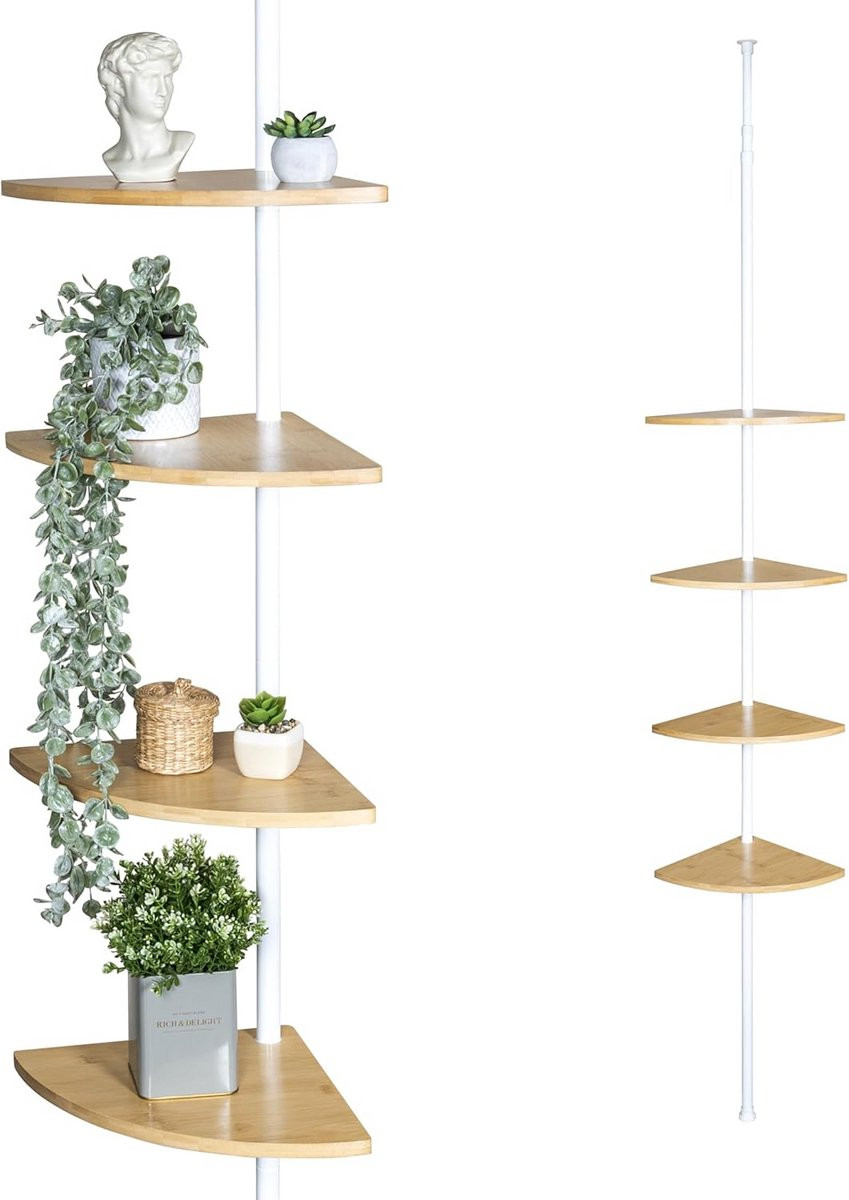 Telescopische Hoekplank met 4 Verstelbare Bamboe Planken voor de Badkamer, Keuken of Woonkamer