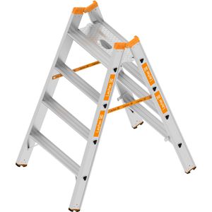 Layher Stehleiter Topic 1043.4, beidseitig begehbar + Plattform, Schwerlastleiter aus Aluminium, bis 200kg, mit 2 x 4 Stufen