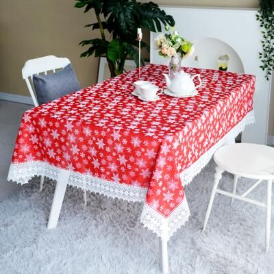 Violet Linen Seasonal Christmas White Snow Flakes with Macrame Lace Tablecloth
