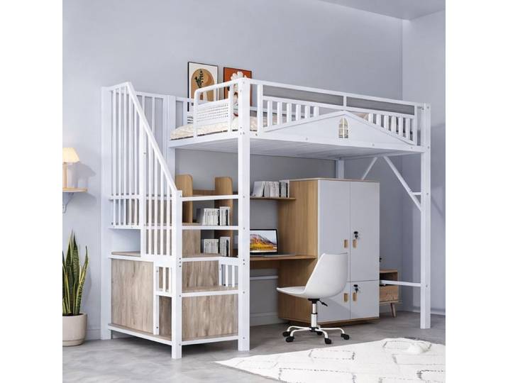 Lit mezzanine métallique 90x200 cm blanc avec échelle rangement et sécurité fenêtre enfant