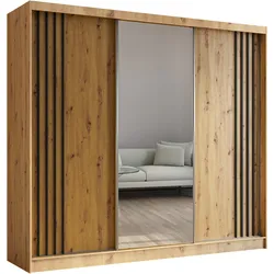 KLEIDERSCHRANK mit Spiegel-Schiebetüren und Aluminium-Leisten - NALLA - 240 cm Artisan+Artisan+Schwarz