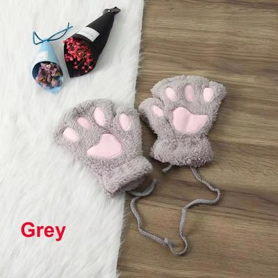 Inspired Finds Cute Cat Claw Winter Half Finger Gloves Thick Fluffy Bear Paw Plush Fingerless Mittens For Women And Girls grey