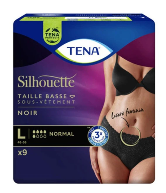 Tena Silhouette Normal Noir - Taille basse Large - 12 paquets de 9 protections