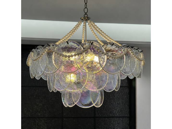 Lustre vintage de luxe en verre transparent avec collier de perles, suspension ronde à plusieurs niveaux de style français pour salon et salle à manger