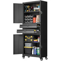 VEVOR Metall Aufbewahrungsschrank, Garagenschrank mit 4 Türen 2 Schubladen 4 Rollen 2 Verstellbaren Regalen, 1905mm Hochschrank 81,5kg Belastbar, Mehrzweckschrank für Garage Büro Werkstatt, Schwarz