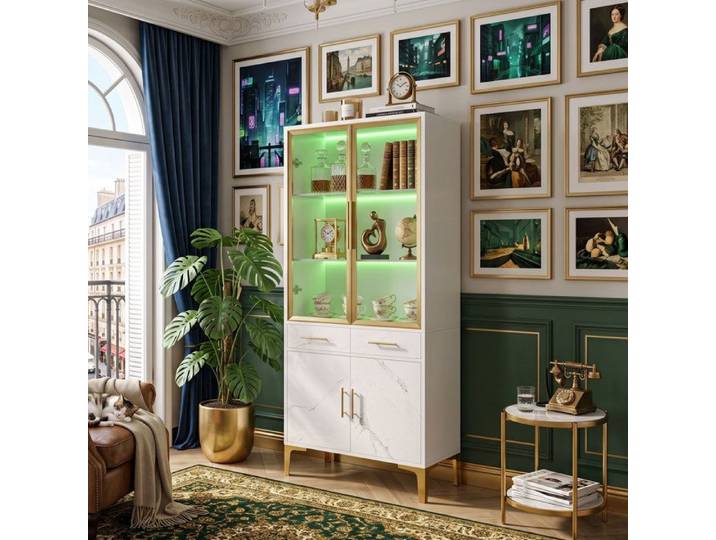 Vitrine LED Salon 75x38x170 cm Grand Rangement Design Soigné Effet Marbre Portes Verre & 2 Tiroirs Pieds Métal - Blanc et Or