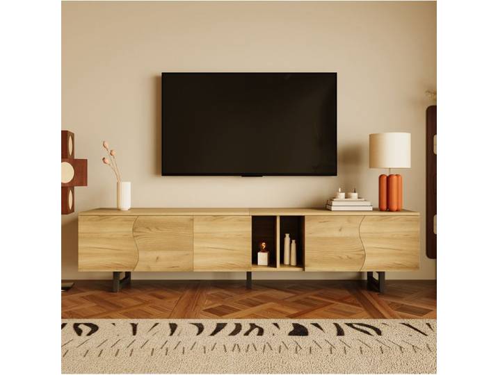 Meuble TV - SENVIRO bois naturel portes courbes rangement ouvert 191x38x46 5cm naturel