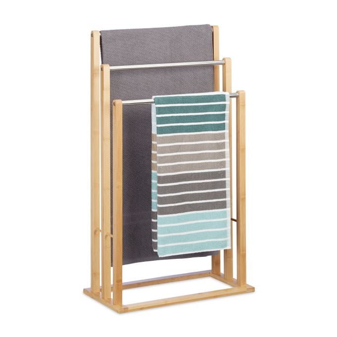Relaxdays Handdoekrek Bamboe met 3 Stangen, Staand, Bruin, H x B x D: 84 x 48 x 26 cm