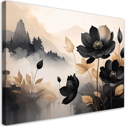 WANDBILD, Schwarze Blumen Landschaft in beige