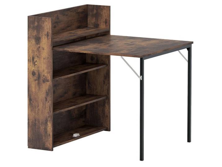 Modfu Esstisch aus Holz 80x90x93 cm Rustikalbraun klappbar mit Regal im Industrial-Stil, Braun, 80x93x90 cm, Esszimmer, Esstische