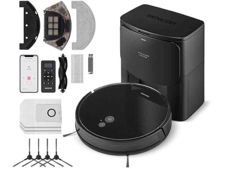SENCOR Robot Aspirateur Laveur Puissant\, Vidage Automatique\, EasyClean+ Ultra Mince - Haute Performance\, Autonomie Prolongée\, Tous Types de Sols\, Aspirateur Robot Laveur de Sol Multifonction 6485BK