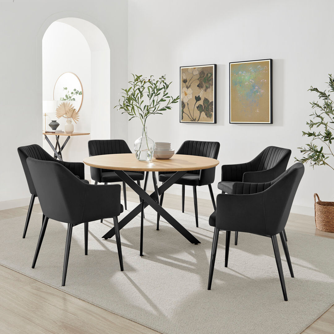 Corrigan Studio Hadlow Veneer & Metal Round Dining Table With Calley Fabric Chairs - Modern Statement Design Brown 6