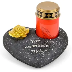 Grabschmuck Herz Schwarz mit Rose Spruch Wir vermissen Dich inkl. LED Grablicht Rot Grabdeko Grabherz Wetterfest Grabdekoration Gedenkstein Teelichthalter Trauerstein