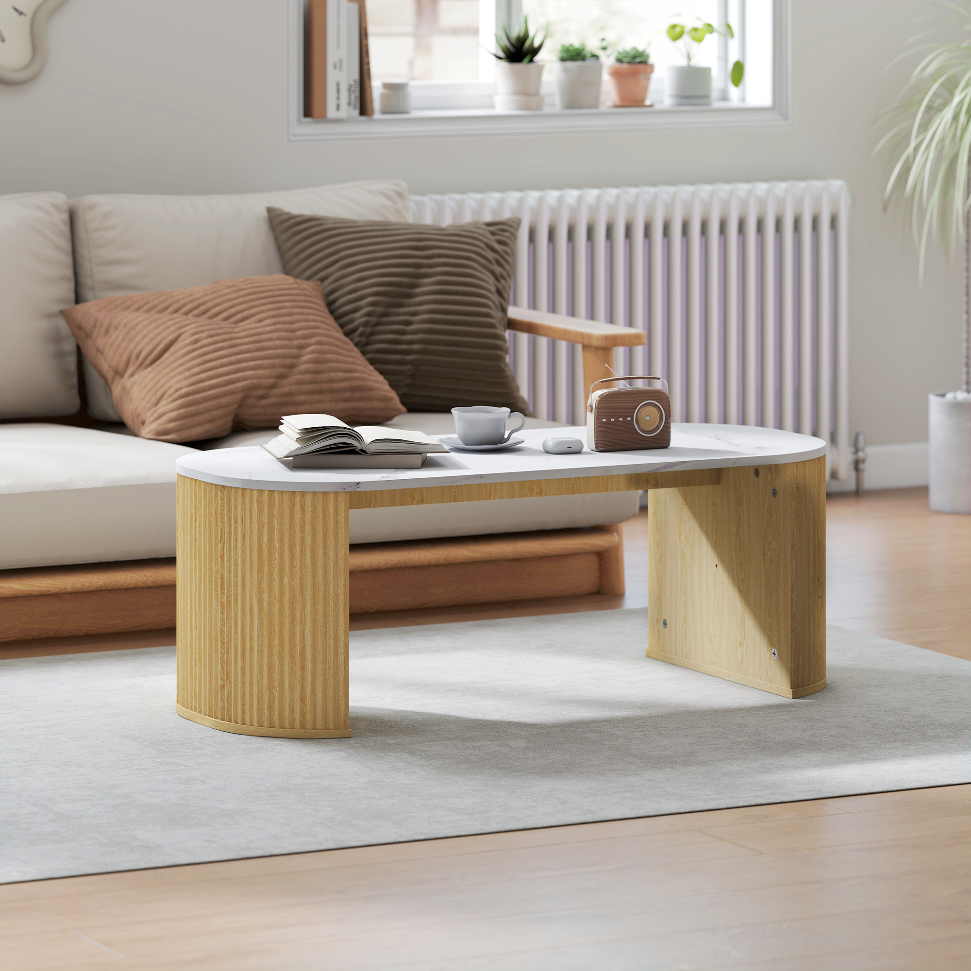 Homcom Tavolino ovale, tavolino d'appoggio effetto marmo, angoli arrotondati piedi spessi, 110 x 50 x 40 cm, bianco   Aosom Italy