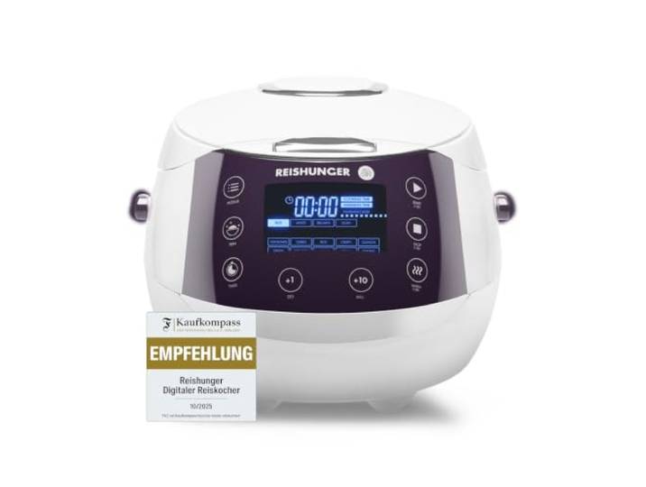REISHUNGER Digitaler Reiskocher & Dampfgarer – 1,5L – Weiß bis zu 8 Personen – Warmhaltefunktion, Timer & Premium Innentopf – Multikocher, 12 Programme, 7-Phasen-Technologie