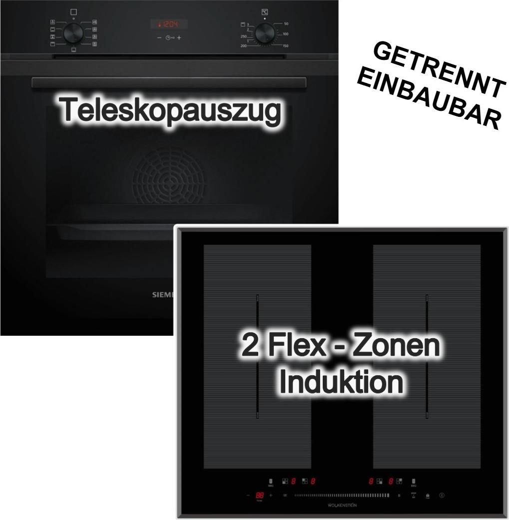 Herdset SIEMENS Backofen Teleskopauszug 3D Heissluft 71 Liter Schwarz + Autarkes Induktionskochfeld Flexzonen PowerBoost Wolkenstein
