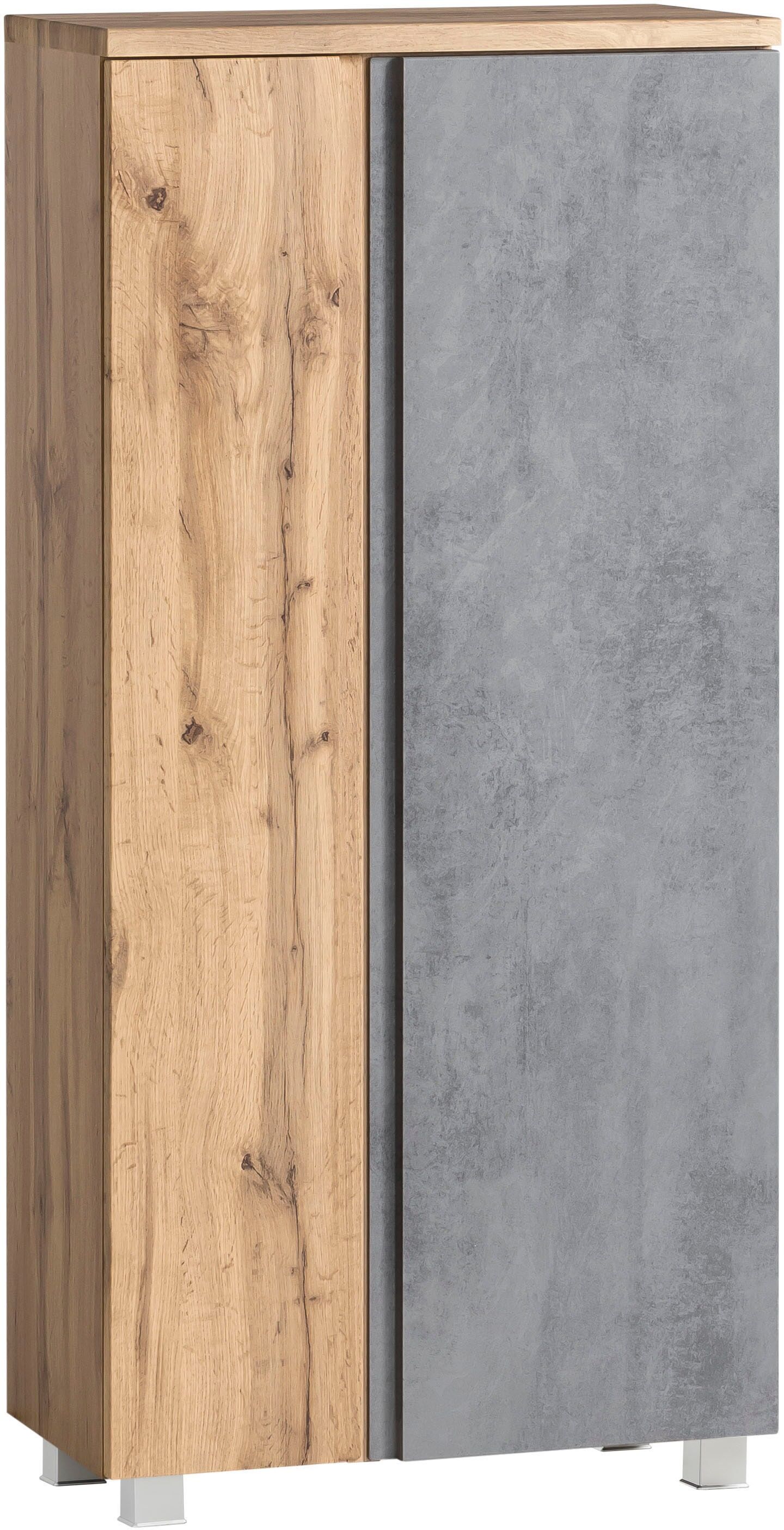 Midischrank WELLTIME "Sölden", grau (oxid beton), B:65cm H:130cm T:35cm, MDF, Schränke, Midischrank oxid beton wotaneiche, B/H/T: 65cm x 130cm x 35cm, Türen: 2 Stk.