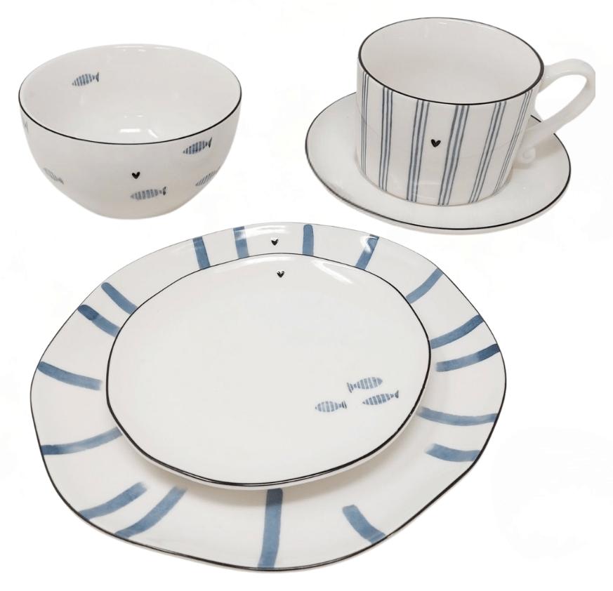 30tlg. Tafelservice Kombiset Iris Blue Streifen + Fische Bastion Collections