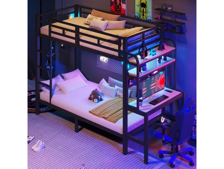 Luscriate - Lit superposé 90x200 cm Lit ado avec LED USB bureau rangements – noir
