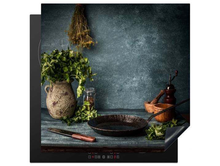 HERDABDECKPLATTE Kräuter - Gewürze - Pfanne - Messer - Grau - Rustikal Induktionsmatte 78x78 cm