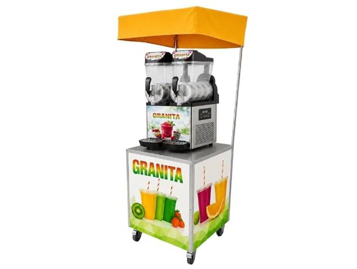 Machine à granita 2 x 15 L sur chariot inox avec parasol jaune - ensemble complet