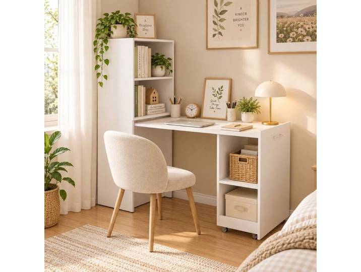 Bureau avec Rangement Extensible Compartiments Bureau d'Angle 55x136 cm Blanc