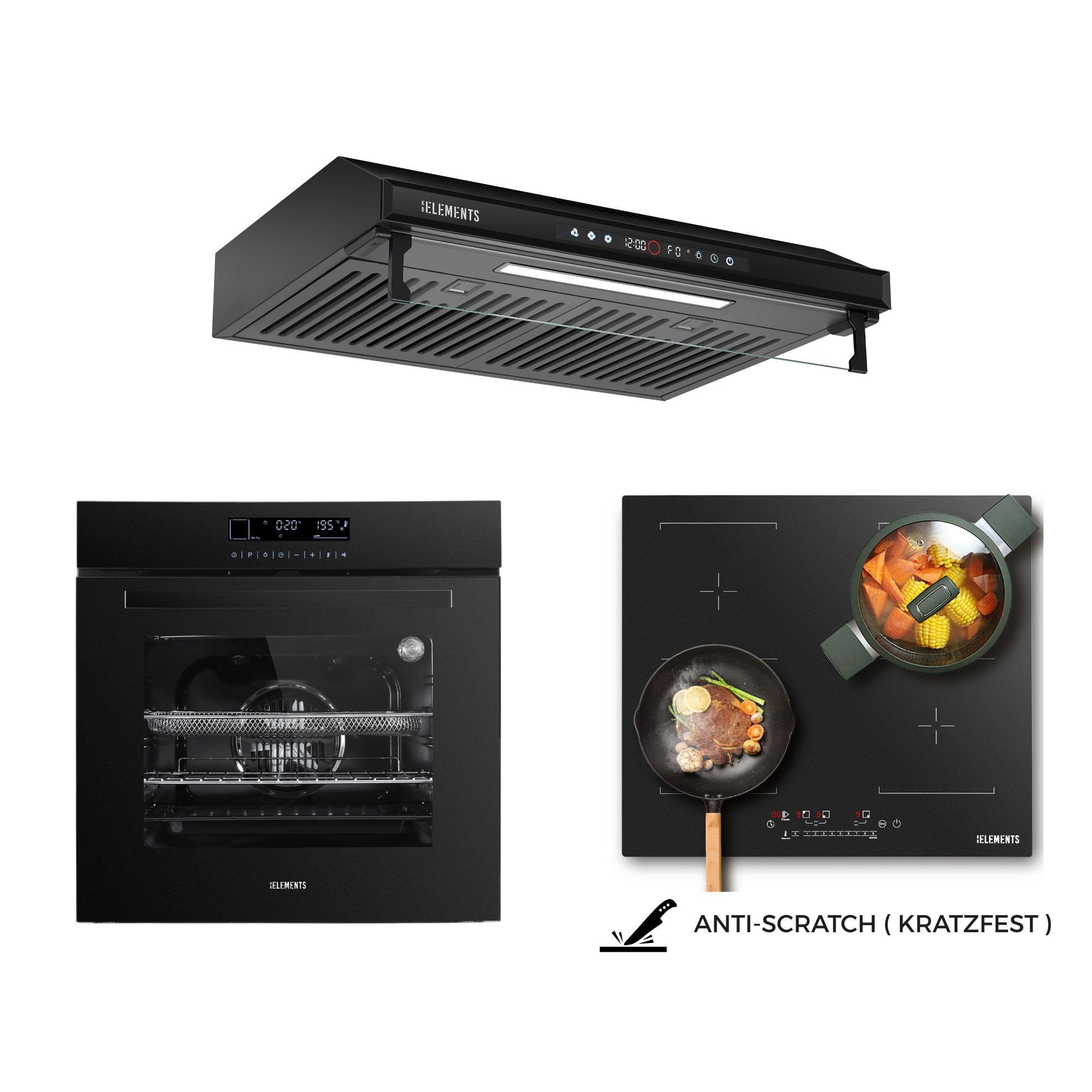 KB ELEMENTS Sparset, Einbauherd Set, Herdset, Induktionskochfeld 60cm, Einbaubackofen 60cm, Dunstabzugshaube 60cm, 14 Funktionen Einbaubackofen, EEKA+