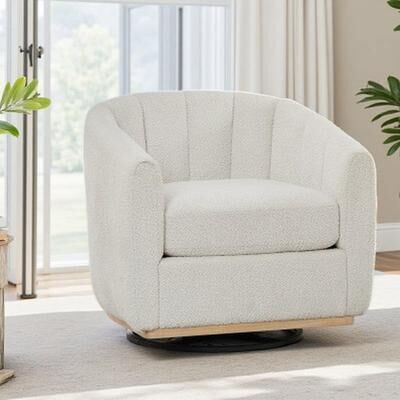 31.89 Inch Chenille Swivel Barrel Chair, 360 Degree Rotating Pumpkin Style Accent Armchair with Metal Base