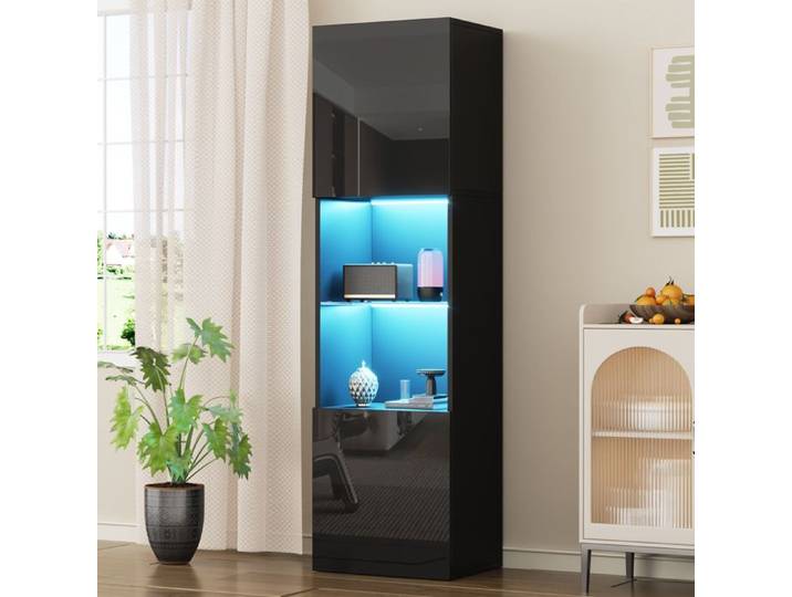 Vitrine noire brillante - Éclairage LED - 1 étagère en verre trempé - 45x35x160 cm - Panneau de particules - Noir