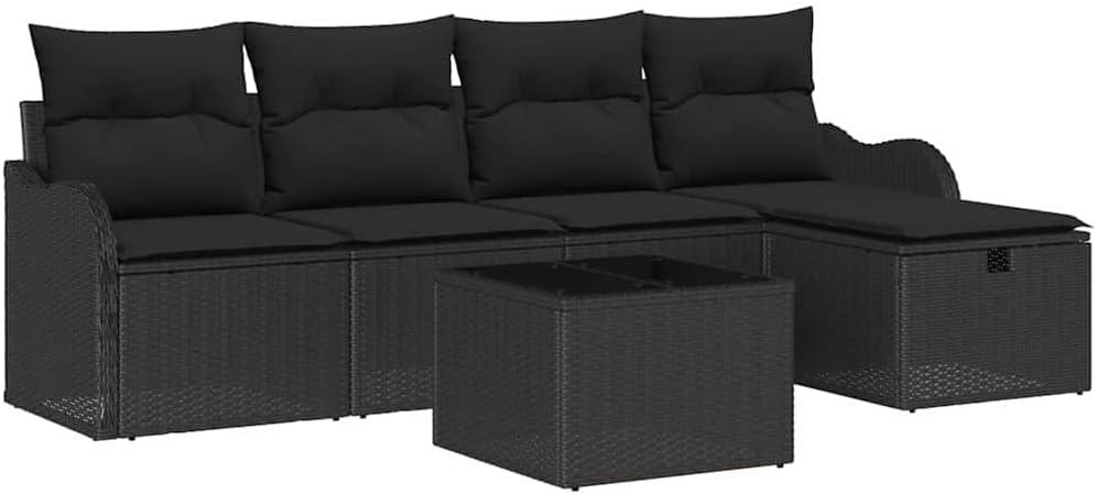 6-teiliges Gartensofa-Set aus Poly-Rattan mit Kissen, Gartenmöbel-Set in Schwarz