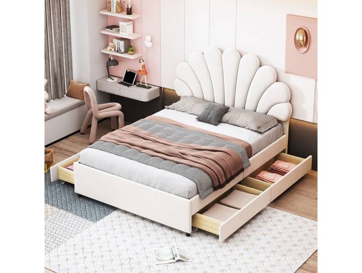 Norevia Lit Double 140x200 Velours Beige avec 4 Tiroirs de Rangement Sommier Inclus Cadre de lit