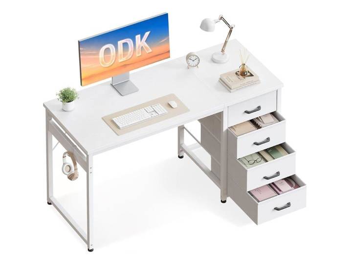 Bureau avec 4 Tiroirs en Tissu 100x48cm Blanc Bureau d'Ordinateur avec Rangement équipé d'un Crochet pour Casque idéal pour études