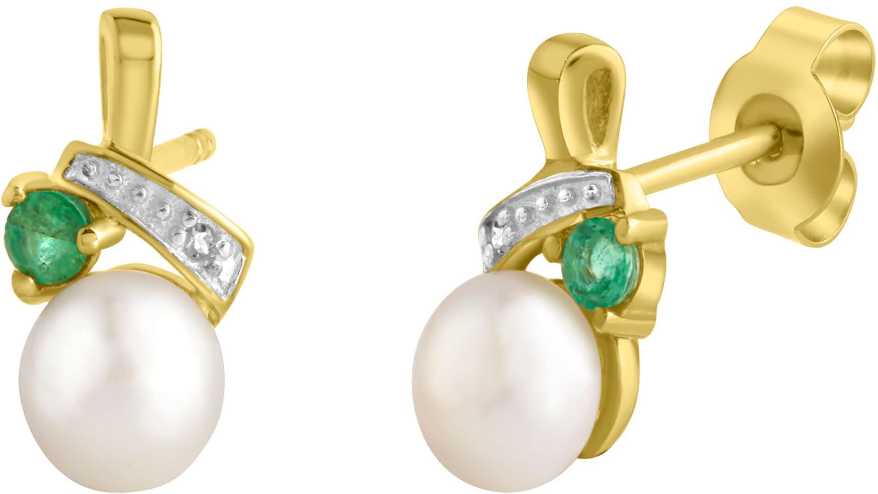 Perlenohrringe FIRETTI "Schmuck Geschenk Gold 333 Ohrschmuck Perle", gold (gelbgold, 333, grün, weiß, grün), Ohrringe, Damen, 6mm, P1 = bei 10-facher Vergrößerung erkennbare Einschlüsse, Diamanten Gelbgold 333 Perlen, Diamanten, Gelbgold 333, Perlen, mit 