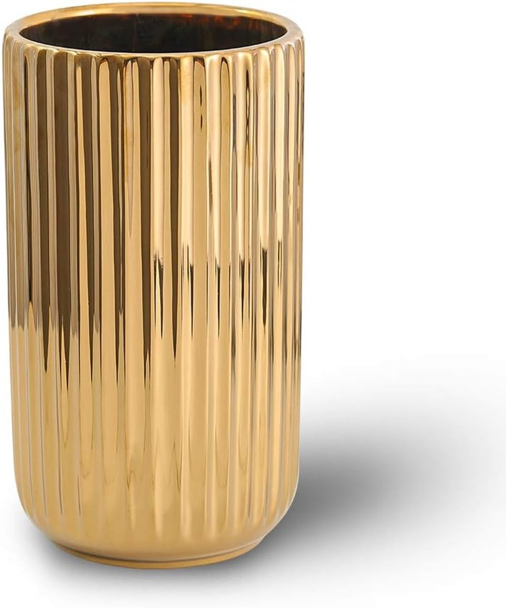 SnelShoppen Gouden Keramische Bloemenvase voor Tafeldecoratie, Hoogte: 21,8 cm