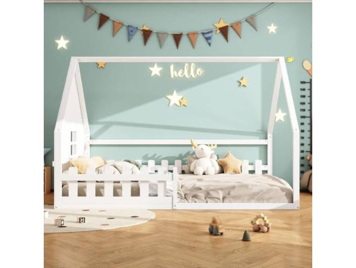 Ropilly Kinderbett 140x200 cm Flachbett Kiefernholz Hausbett mit Rausfallschutz für sicheren Schlaf im Kinderzimmer
