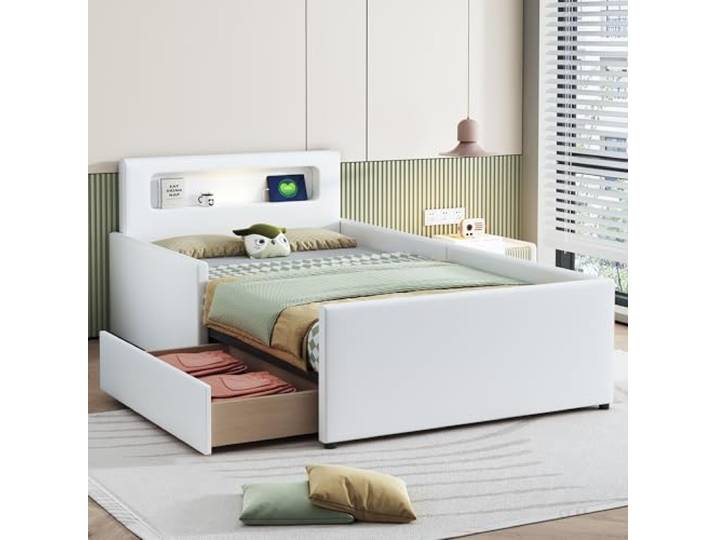 FAVSH Polsterbett 90x200 cm, Kinderbett mit LED-Beleuchtung, USB-Ladeanschluss und Nachtlicht, Jugendbett mit Ablagefächern und erhöhtem Seitenschutz, Einzelbett aus Kunstlederbezug, Weiß