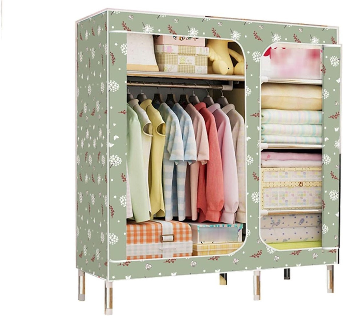 Draagbare kledingkast met stevig stalen frame en textiel, H 168 x B 130 x D 45 cm