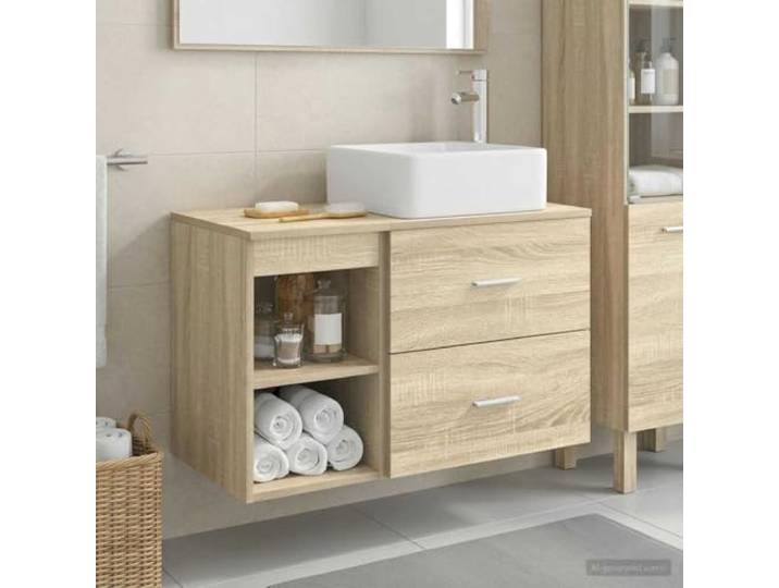 YUTAASU Badezimmermöbel-Set 2 STK. Sonoma-Eiche Holzwerkstoff Wandmontierte Kommode, Schubladen und Regale, Platzsparend, Anpassbare Waschbeckeninstallation